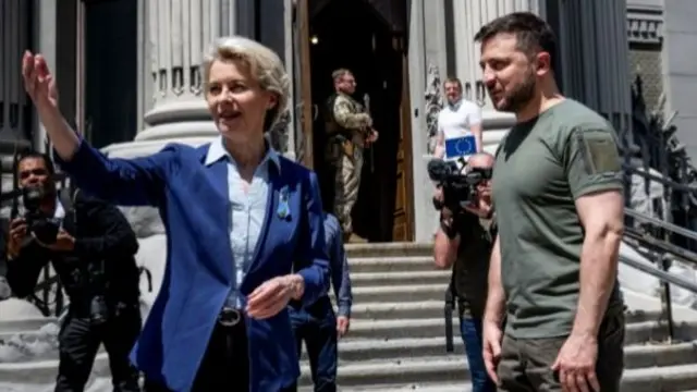 Ukraine's President Volodymyr Zelenskiy welcomes European Commission President Ursula von der Leyen before a meeting