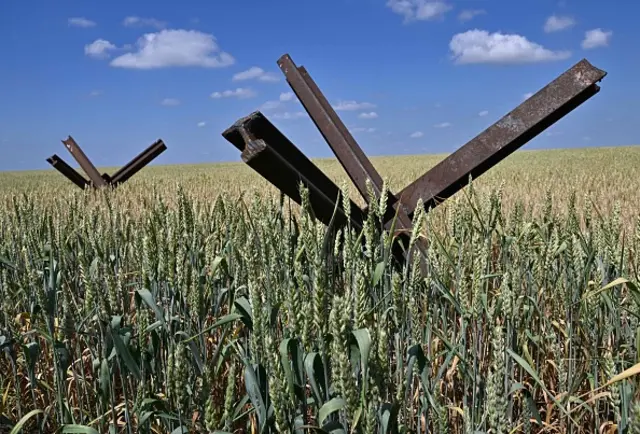 Anti-tank obstacles on a wheat field at a farm in southern Ukraine's Mykolaiv region