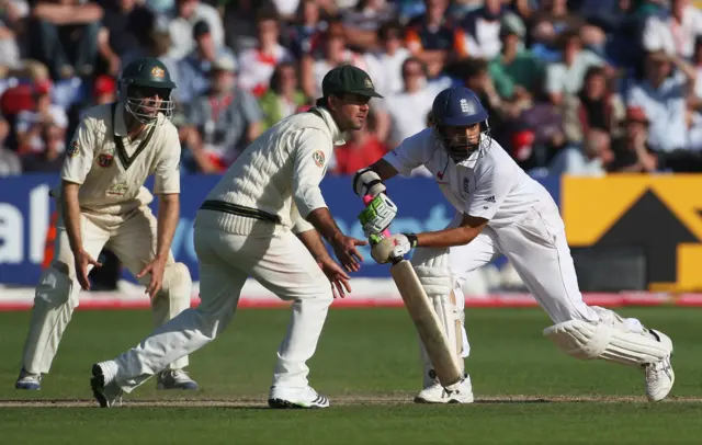 Monty Panesar defends during the 2009 Ashes Test in Cardiff