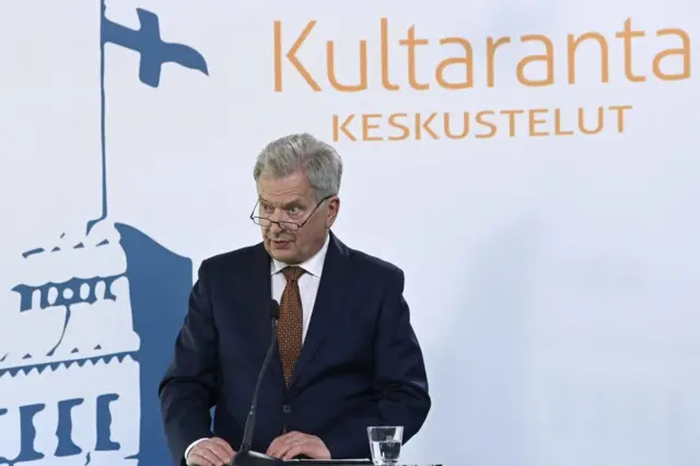 Finnish President Sauli Niinisto speaks at the start of the Kultaranta Talks at the presidential summer residence Kultaranta in Naantali, Finland on 12 June