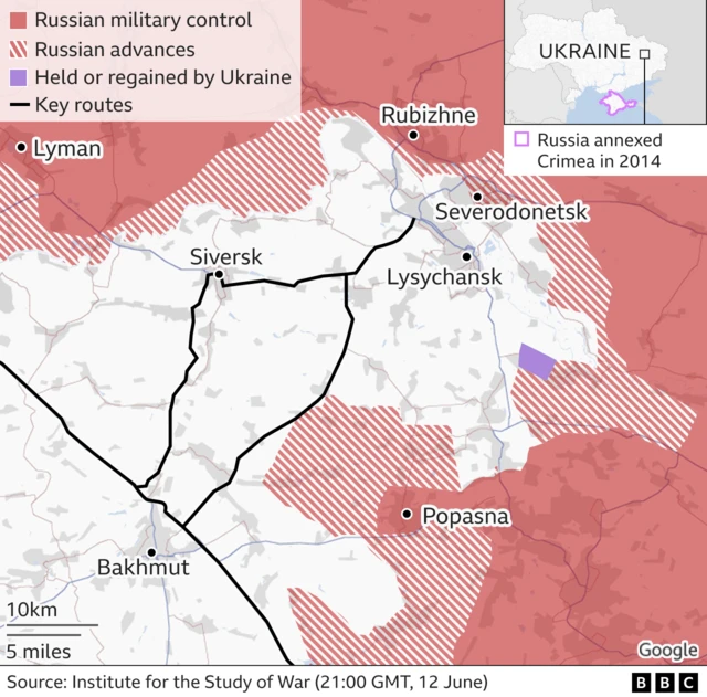 Map showing Severodonetsk, Lysychansk and Bakhmut