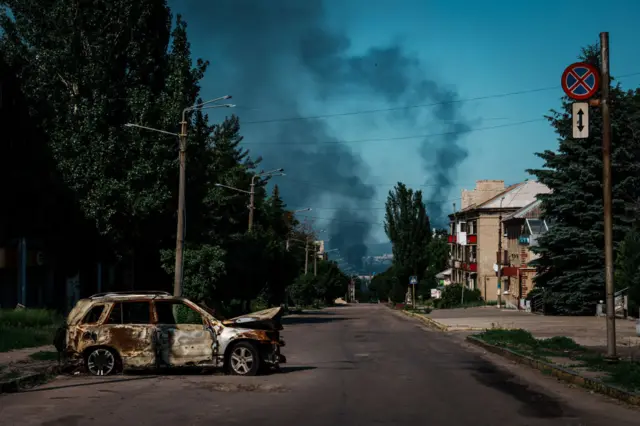 Severodonetsk is seen in the distance from Lysychansk