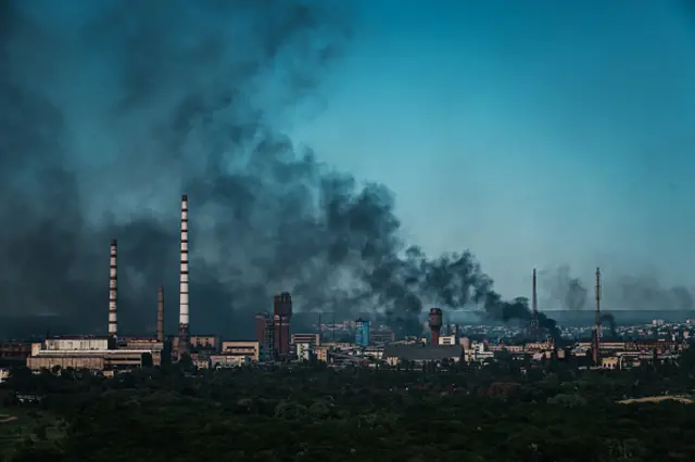 Smoke rises above Severodonetsk