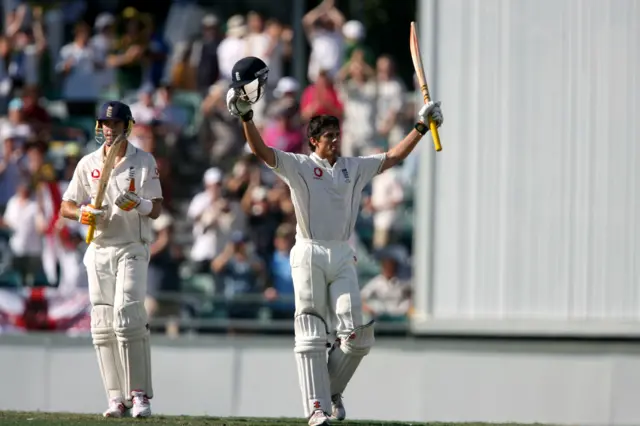 Alastair Cook celebrates his century against Australia at the Waca in 2007