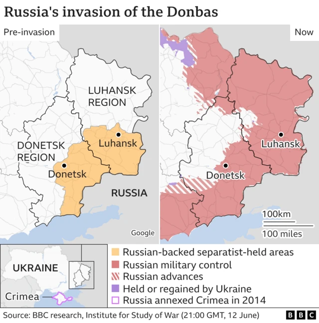 Map showing Russia's advance in the Donbas region