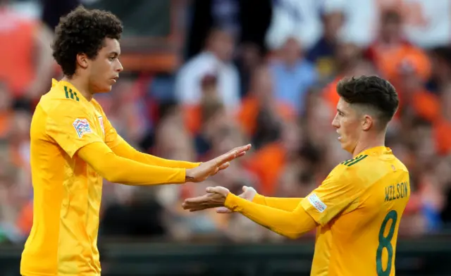 Brennan Johnson (left) celebrates with Harry Wilson