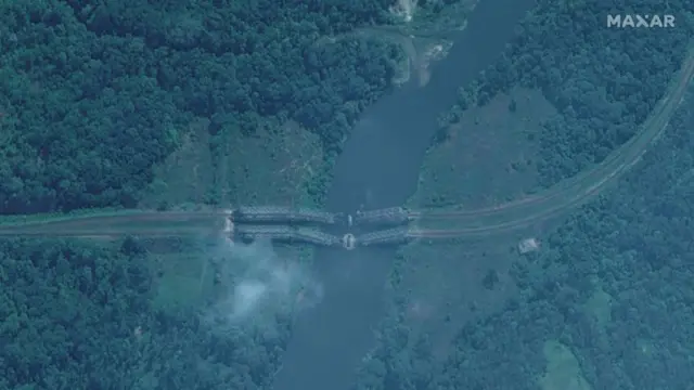 A collapsed railroad bridge in the northwest of Severodonetsk