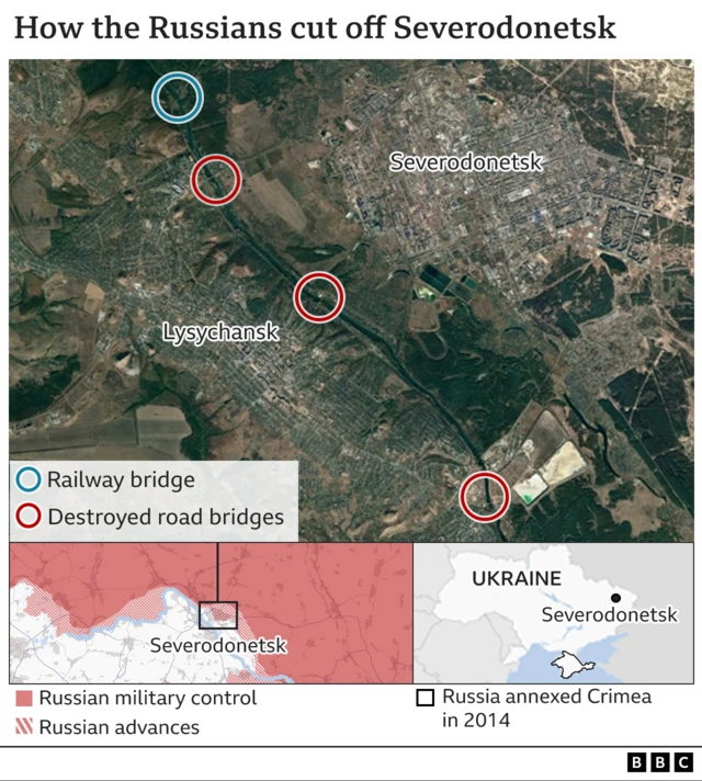 Map shows bridges into Severodonetsk