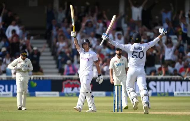 Ben Stokes and Ben Foakes celebrating England winning the Test against New Zealand