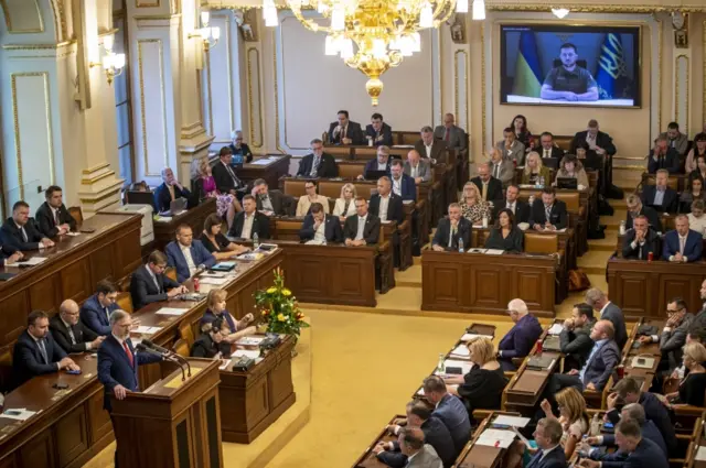 Zelensky addressing the Czech parliament