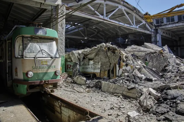 A tramway deport damaged by shellings in Kharkiv, Ukraine - 10 June 2022