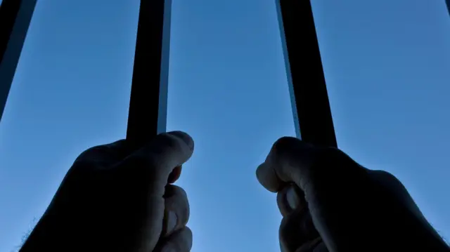 Stock image of hands behind bars