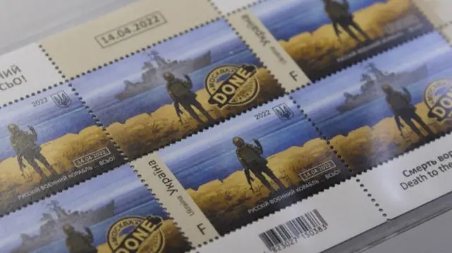 Stamps depicting Russian warship and Ukrainian soldier, with the message "Russian warship - done"