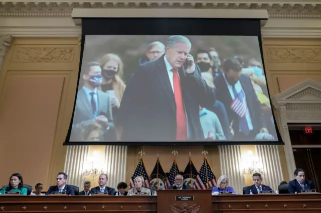 Mark Meadows, former chief of staff to former President Donald Trump, is displayed on a screen during a hearing by the Select Committee to Investigate the January 6th Attack on the US Capitol on June 09, 2022 in Washington, DC