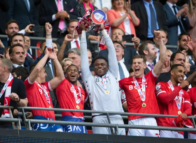 Nottingham Forest lift the Championship play-off trophy at Wembley