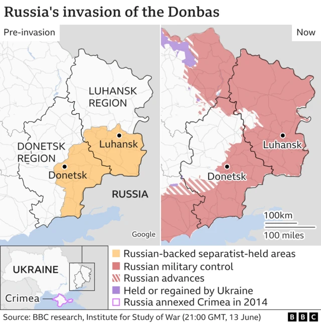 Map showing how Russia has advanced in the Donbas