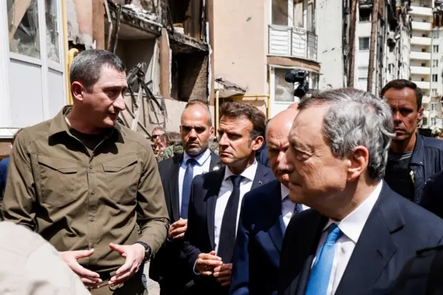 French President Emmanuel Macron, German Chancellor Olaf Scholz and Italian Prime Minister Mario Draghi visit Irpin