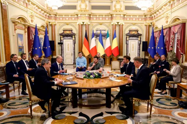 President Zelensky welcomes visiting EU leaders at the Presidential Palace in Kyiv