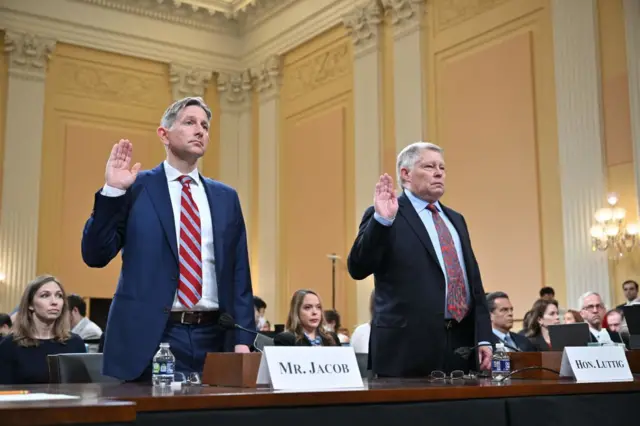 Former Counsel to Vice President Mike Pence, Greg Jacob (L), and Retired judge and and informal advisor to Vice President Mike Pence, J. Michael Luttig (R), are sworn in before testifying during the third hearing of the US House Select Committee to Investigate the January 6 Attack on the US Capitol, on Capitol Hill in Washington, DC, on June 16, 2022.