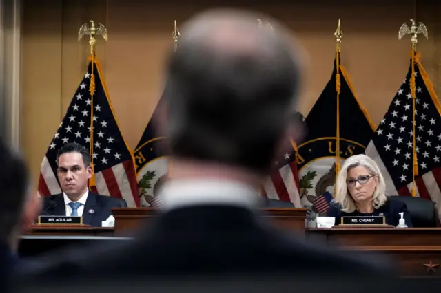 US Representative Pete Aguilar (D-CA) and Representative Liz Cheney, Vice Chair of the Select Committee to Investigate the January 6th Attack on the US Capitol, listen as Greg Jacob