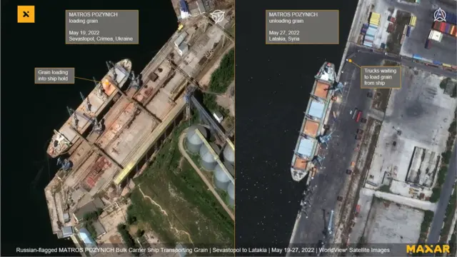 Satellite imagery shows two Russian-flagged bulk carrier ships docked in Ukraine (left) and Syria (right)