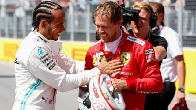 Lewis Hamilton and Sebastian Vettel congratulate each other in 2019