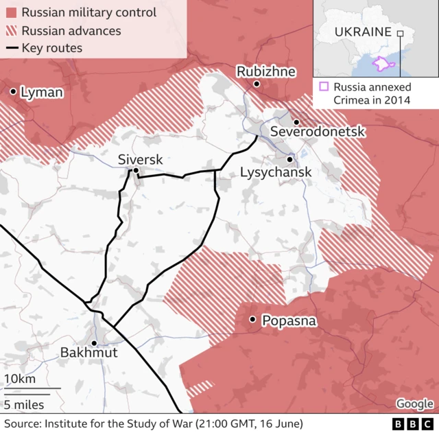 Map of area near Seveodonetsk and Lysychansk