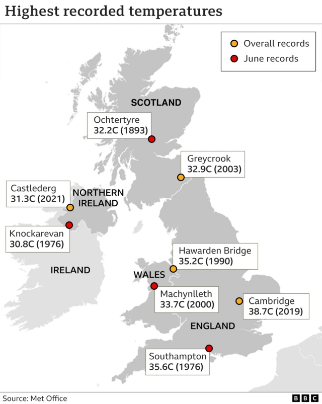 Map of UK with some peak temperatures