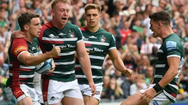 George Ford celebrates a try for Leicester against Northampton