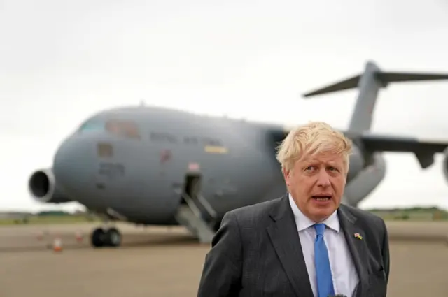 UK PM Boris Johnson after arriving at RAF Brize Norton in Oxfordshire, UK