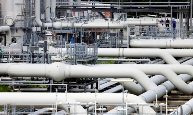 A compressor station of the Jagal natural gas pipeline is pictured at a gas compressor station in Mallnow, Germany, on 13 June 2022