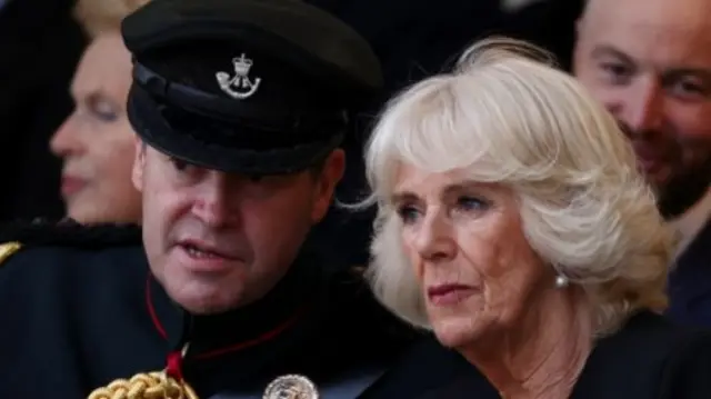 Britain's Camilla, Duchess of Cornwall, with Gen Sir Patrick Sanders as she attends the Rifles Sounding Retreat in London on 9 June 2022