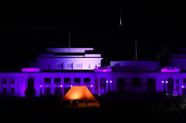 Old Parliament House and the Aboriginal Tent Embassy illuminated