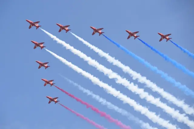 File photo of a Red Arrows fly-past over Buckingham Palace in June 2018