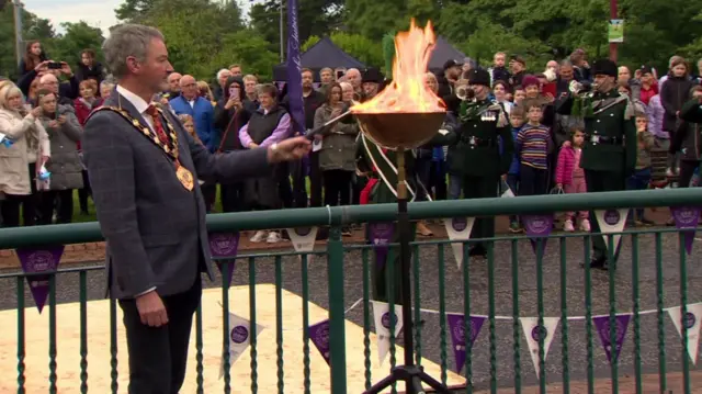 A beacon is lit in Ballymena, Northern Ireland