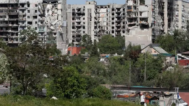 Heavily damaged buildings in Mariupol