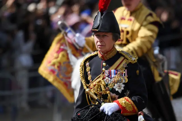 Princess Anne, the Princess Royal rides horseback during the Trooping the Colour parade on June 02, 2022