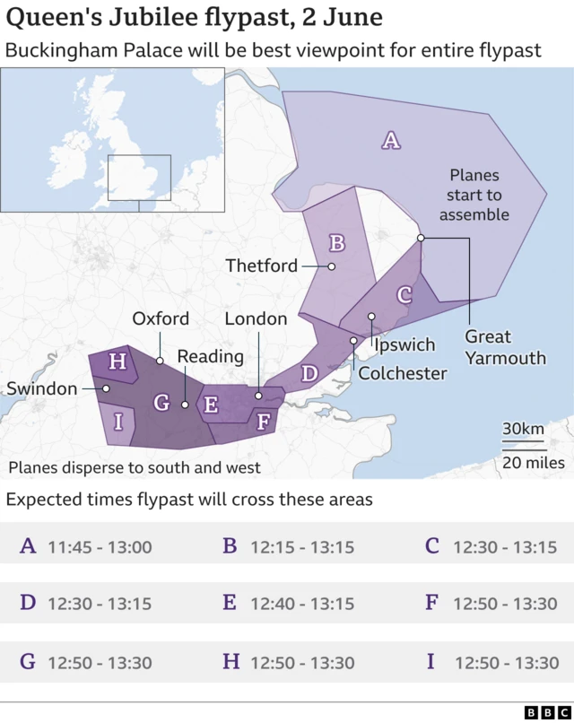 Graphic tracking the Platinum Jubilee flypast