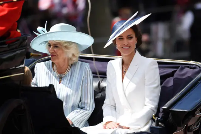 Camilla, Duchess of Cornwall, Catherine and Duchess of Cambridge during the Trooping the Colour parade on June 02, 2022 in London, England.