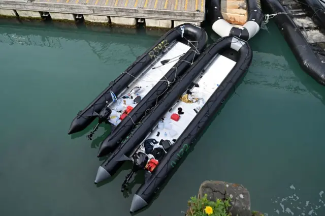 Inflatable dinghies used by migrants to cross the English Channel from France are seen at the Port of Dover on 14 April 2022 - south-east coast of England