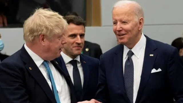 From left to right: UK Prime Minister Boris Johnson, French President Emmanuel Macron and US President Joe Biden. File photo