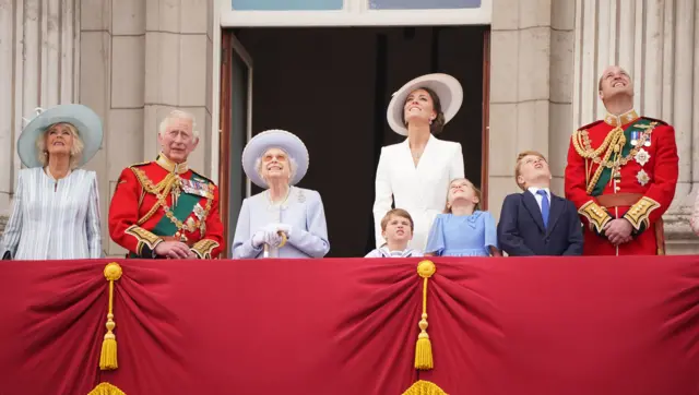 The Queen and other members of the Royal Family on the balcony at Buckingham Palace