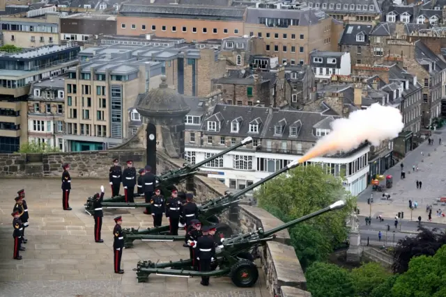 The 105th Regiment Royal Artillery, The Scottish and Ulster Gunners during the Royal Gun Salute at Edinburgh Castle