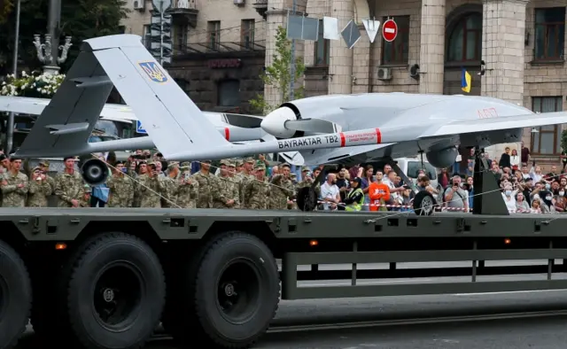 A file photo of a Bayraktar drone, taken during a rehearsal for the Independence Day military parade in Kyiv in August 2021