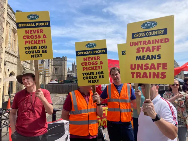 Striking RMT members picketing outside Bristol Temple Meads station