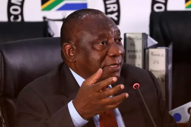 South African President Cyril Ramaphosa appears to testify before the Zondo Commission of Inquiry into State Capture in Johannesburg, South Africa, on August 12, 2021