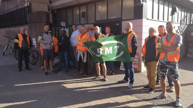 The picket outside Birmingham New Street Station this morning