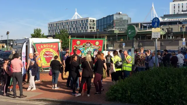 Workers picketing near Cardiff Central station on Tuesday morning