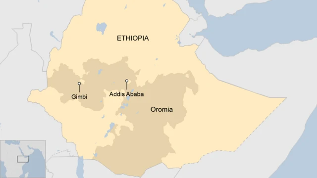 A map showing Gimbi district in Oromia, in Ethiopia.