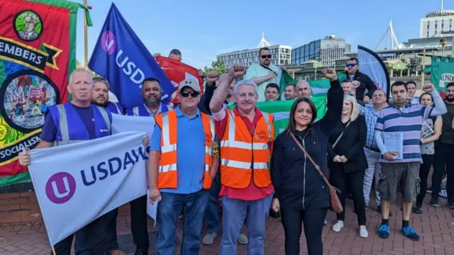 RMT members in the picket line at Birmingham New Street Station